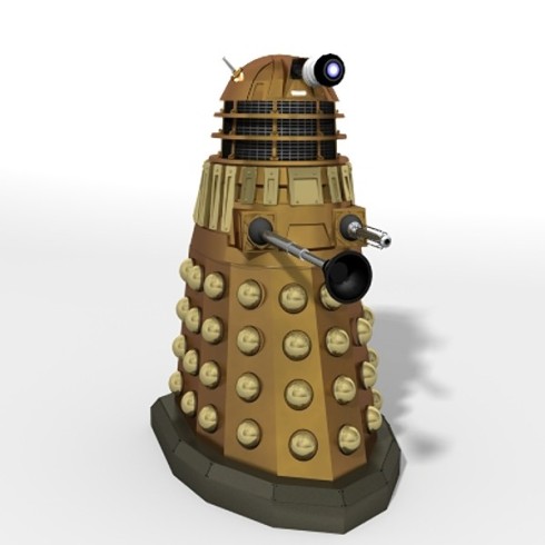 A dalek, the most famous of the villains in Dr Who, renowned for their desire to "Exterminate" all of humanity! Instead of arms they have two limbs, the death ray and the manipulator arm, often known as the egg whisk and the plunger. 