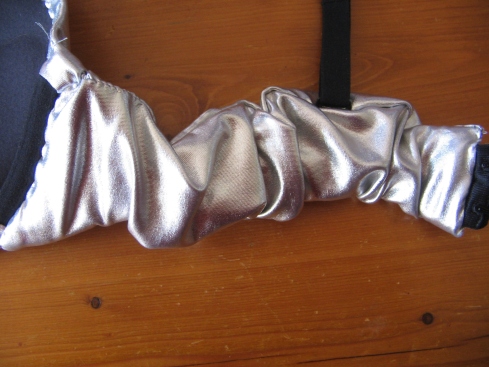 Inside of the fully covered dalek bra band, showing the cover all wrinkled as the strap is not fully stretched.